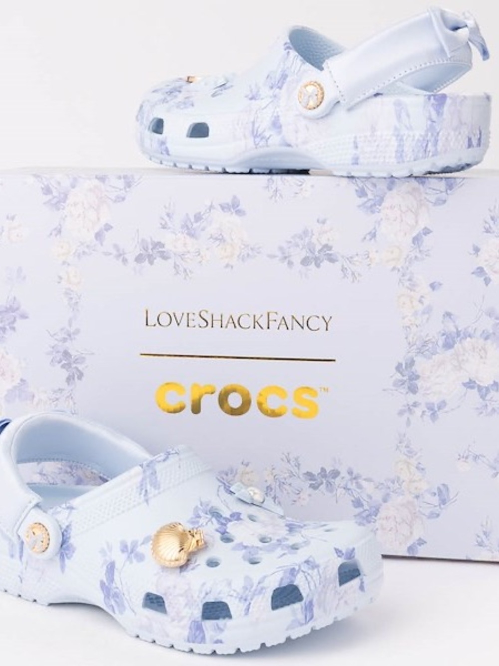 Crocs’ Floral Light Blue Clogs (LoveShackFancy)